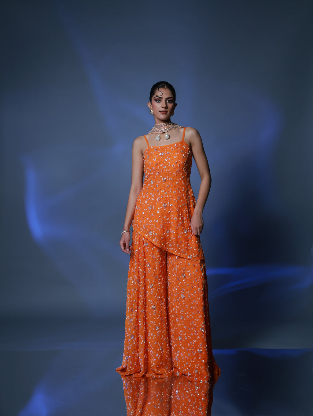 Sunset Pearl Embroidered Orange Sharara Set with Dupatta