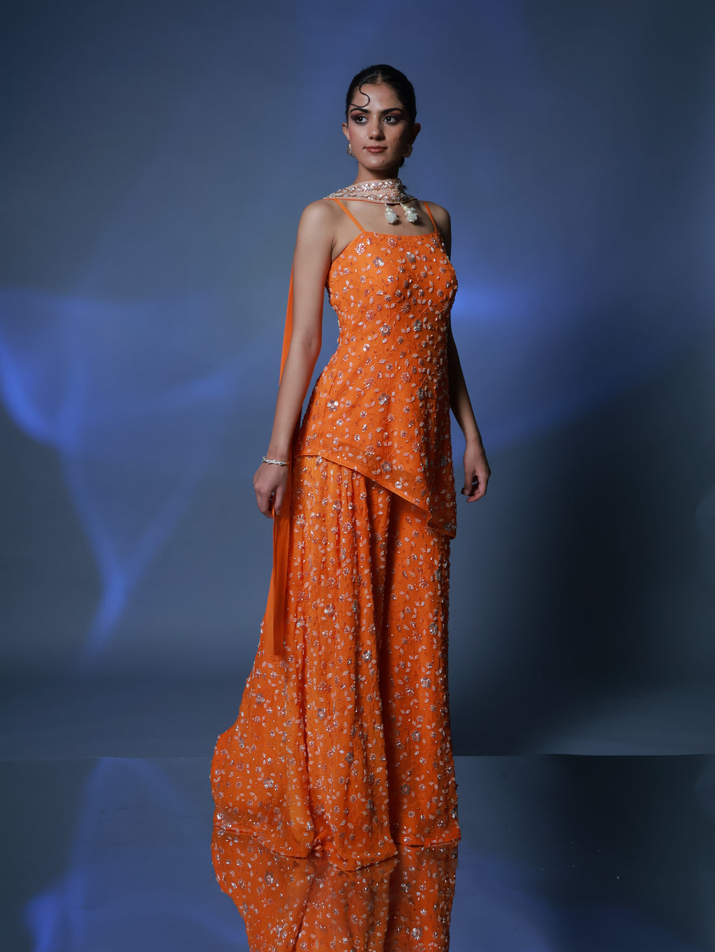 Sunset Pearl Embroidered Orange Sharara Set with Dupatta