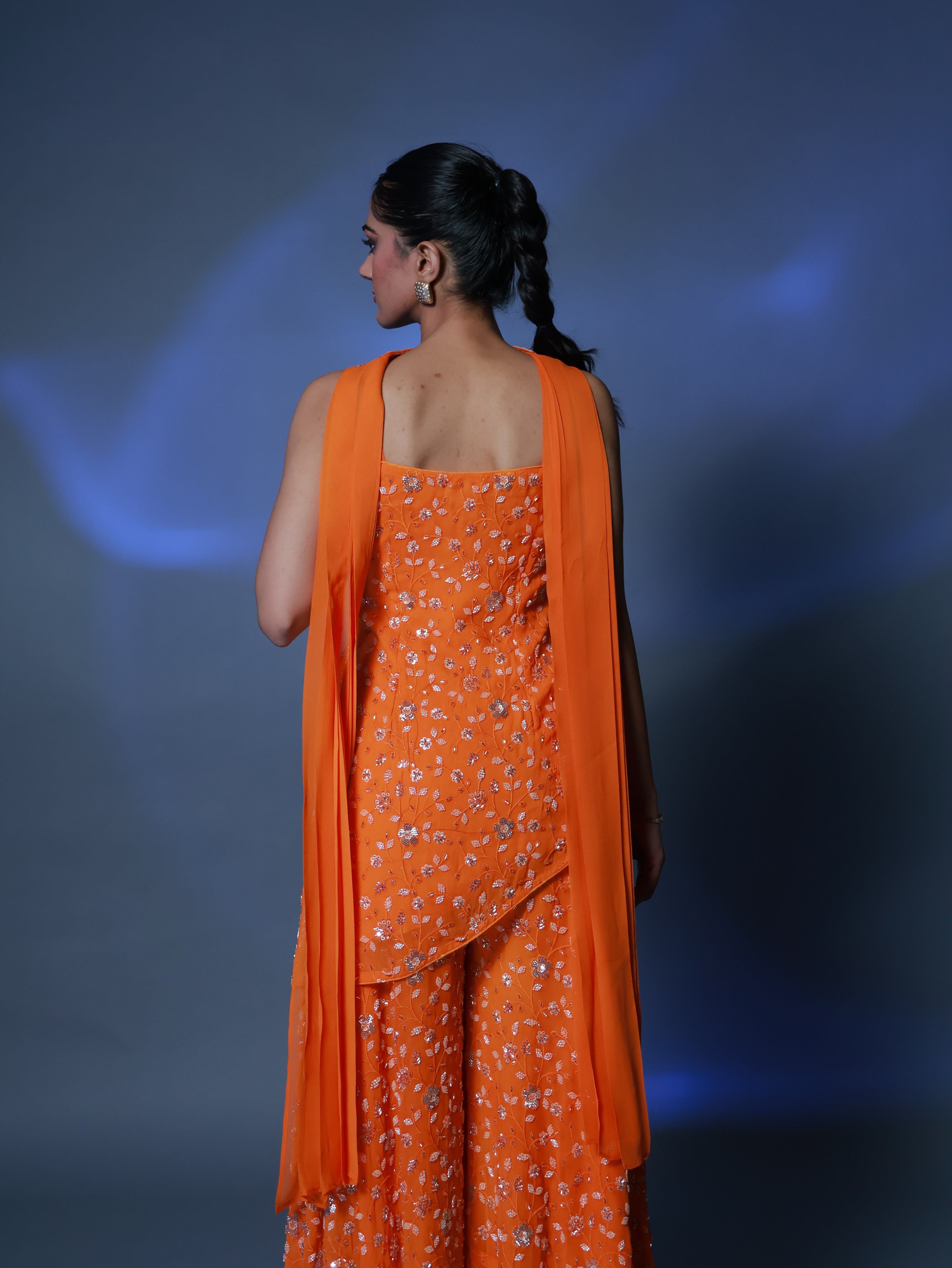 Sunset Pearl Embroidered Orange Sharara Set with Dupatta