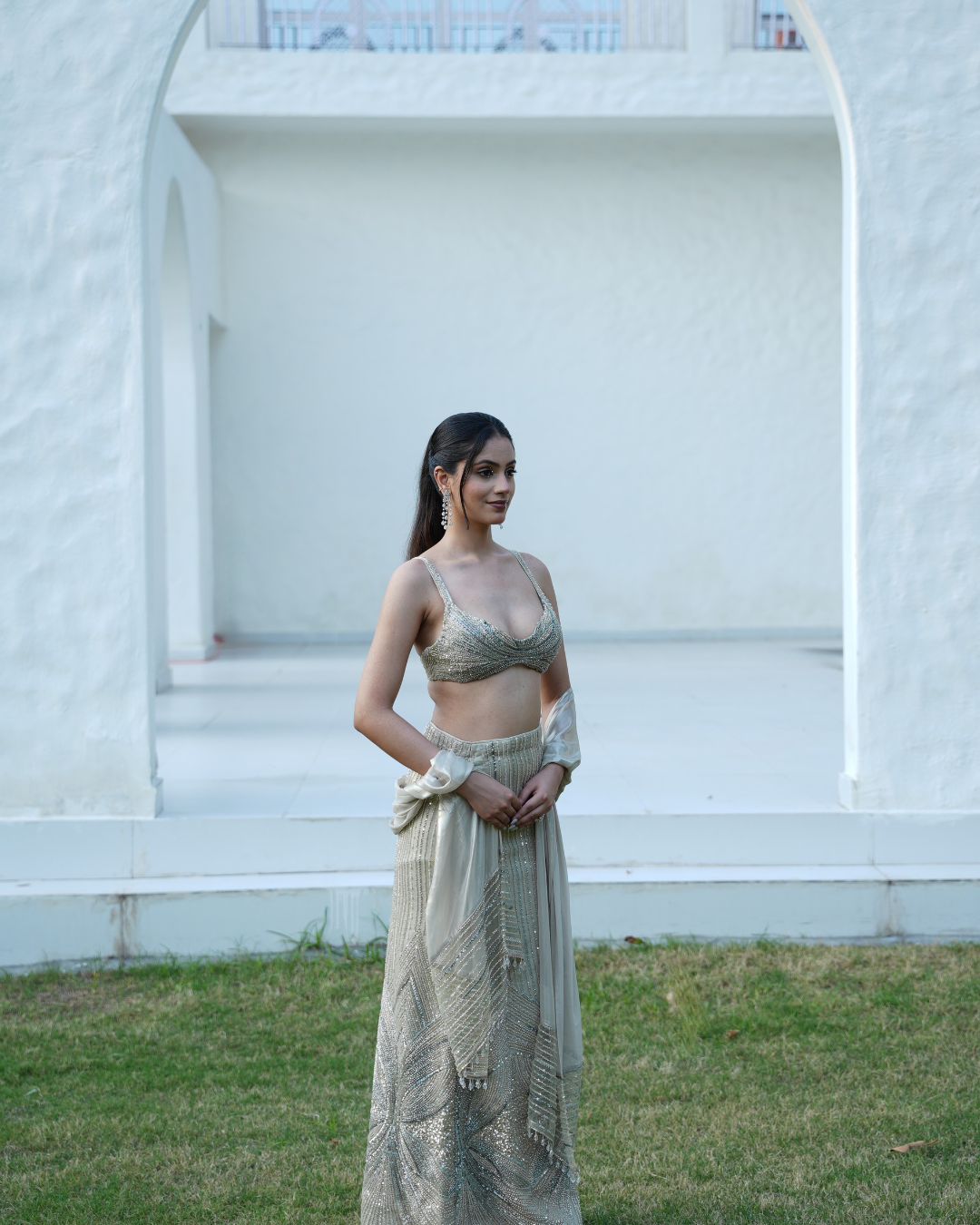 Mint Sage Hand-Embroidered Shimmer Halter Skirt Set with Metallic Foil Dupatta