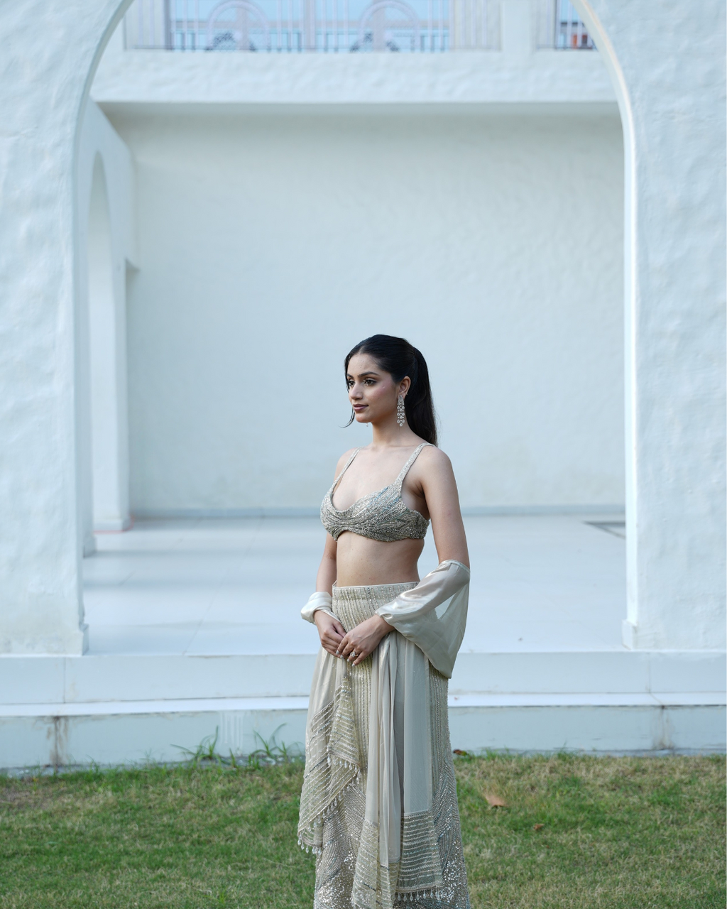 Mint Sage Hand-Embroidered Shimmer Halter Skirt Set with Metallic Foil Dupatta