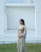 Mint Sage Hand-Embroidered Shimmer Halter Skirt Set with Metallic Foil Dupatta
