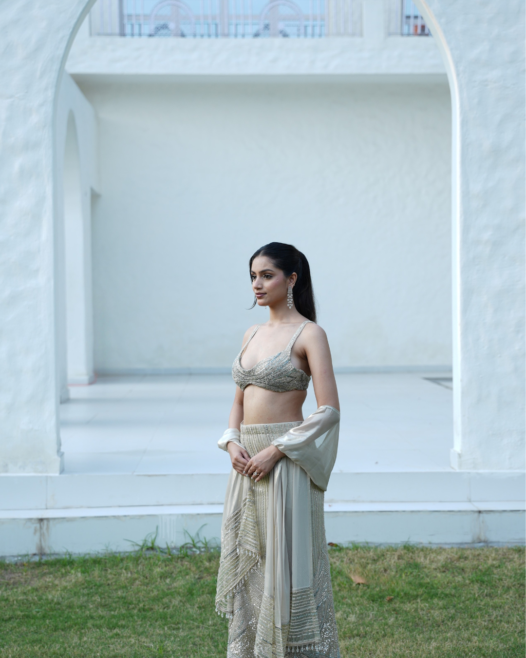 Mint Sage Hand-Embroidered Shimmer Halter Skirt Set with Metallic Foil Dupatta
