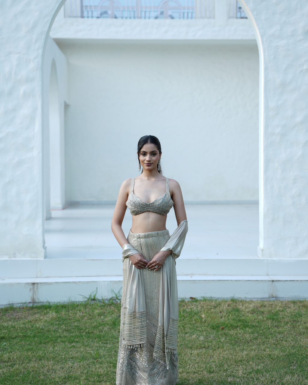 Mint Sage Hand-Embroidered Shimmer Halter Skirt Set with Metallic Foil Dupatta