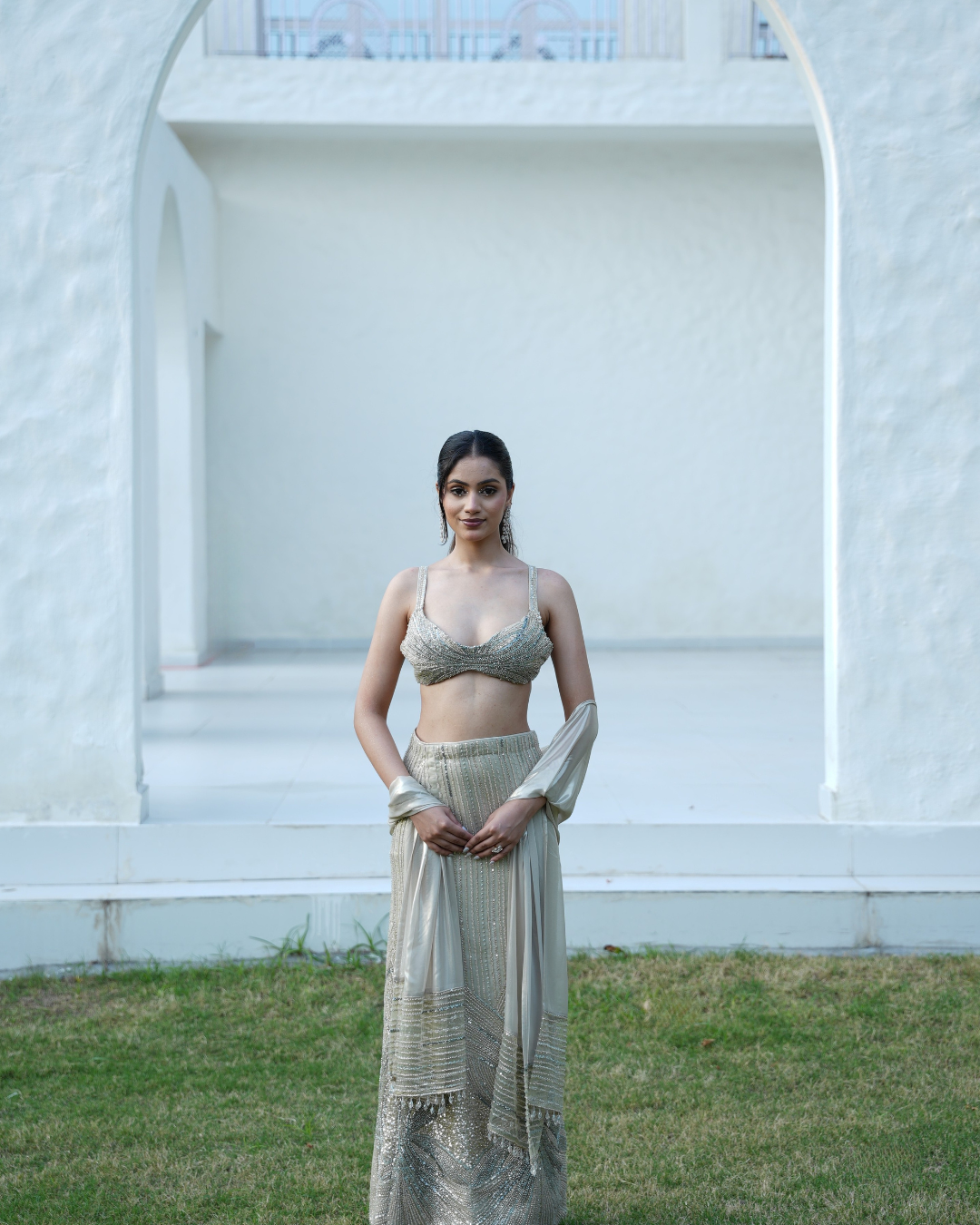 Mint Sage Hand-Embroidered Shimmer Halter Skirt Set with Metallic Foil Dupatta