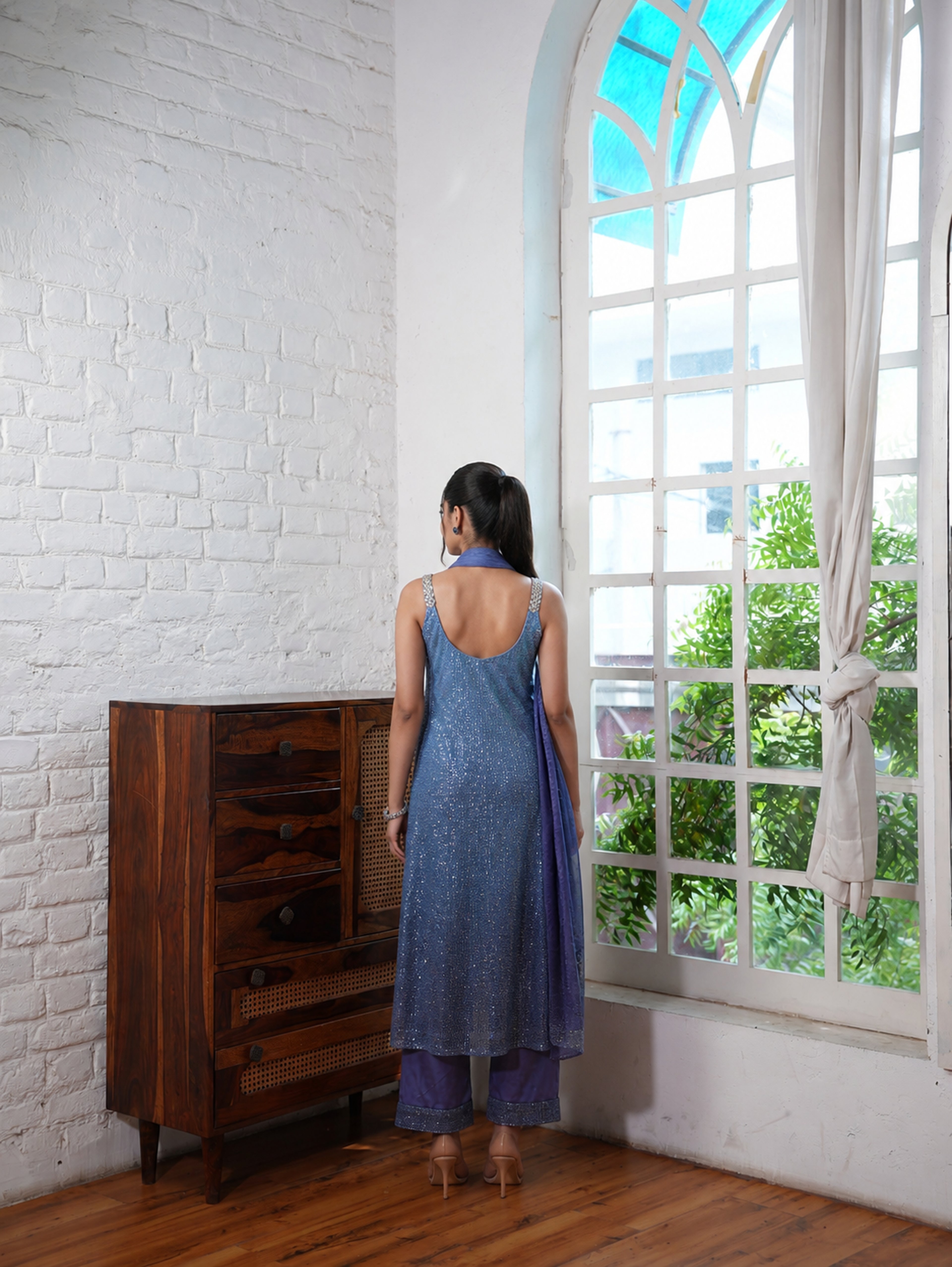 Powder Blue to Celestial Blue Ombré Evening Suit Set with a Flowing Georgette Dupatta with Tassel Detailing