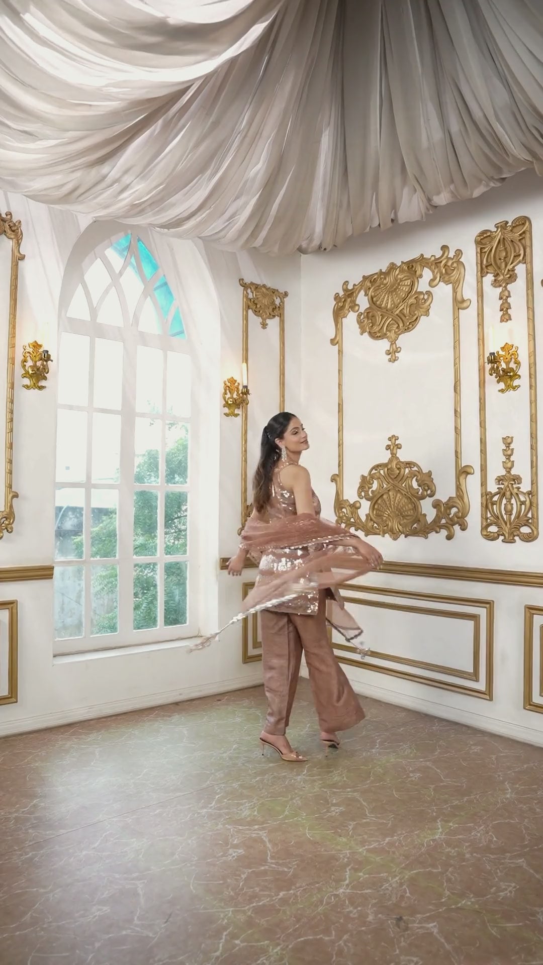 Mocha Sequinned Occasion Suit with Tasselled Net Dupatta