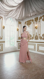 Petal Pink Soirée Couture Set with Halter neckline top and High-Slit Skirt & Lace Dupatta
