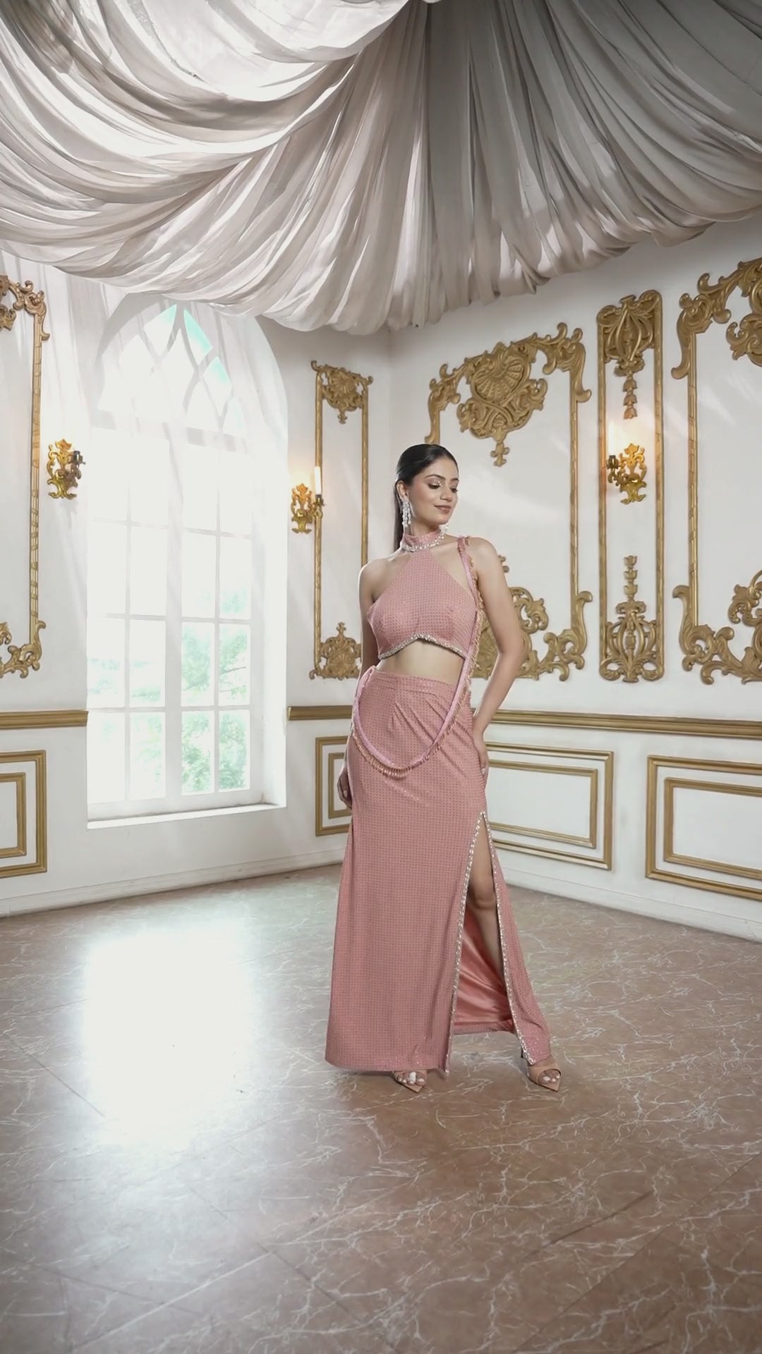 Petal Pink Soirée Couture Set with Halter neckline top and High-Slit Skirt & Lace Dupatta