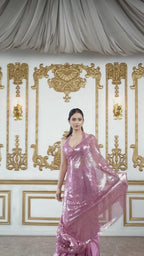 Pink Stardust satin pre draped saree with mesh dupatta and halter neckline Statement Blouse