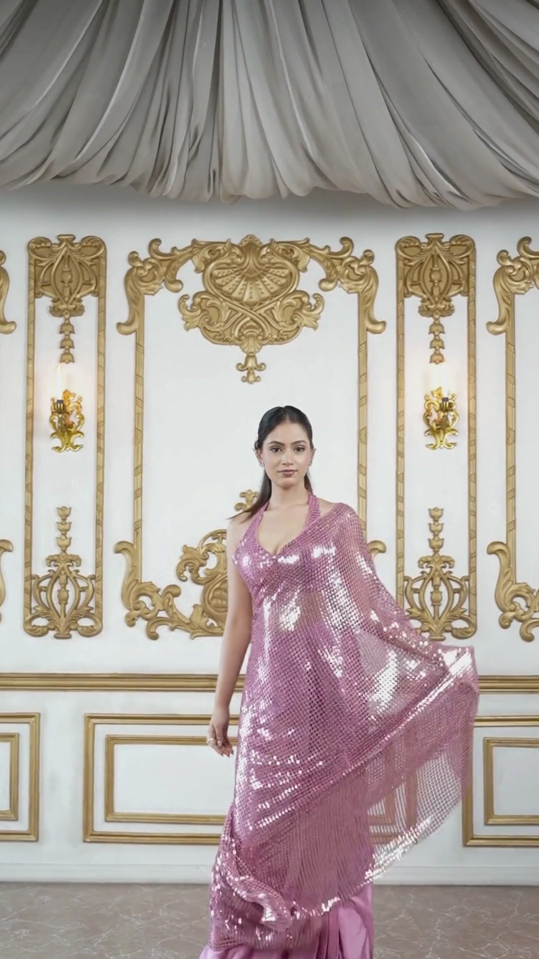 Pink Stardust satin pre draped saree with mesh dupatta and halter neckline Statement Blouse