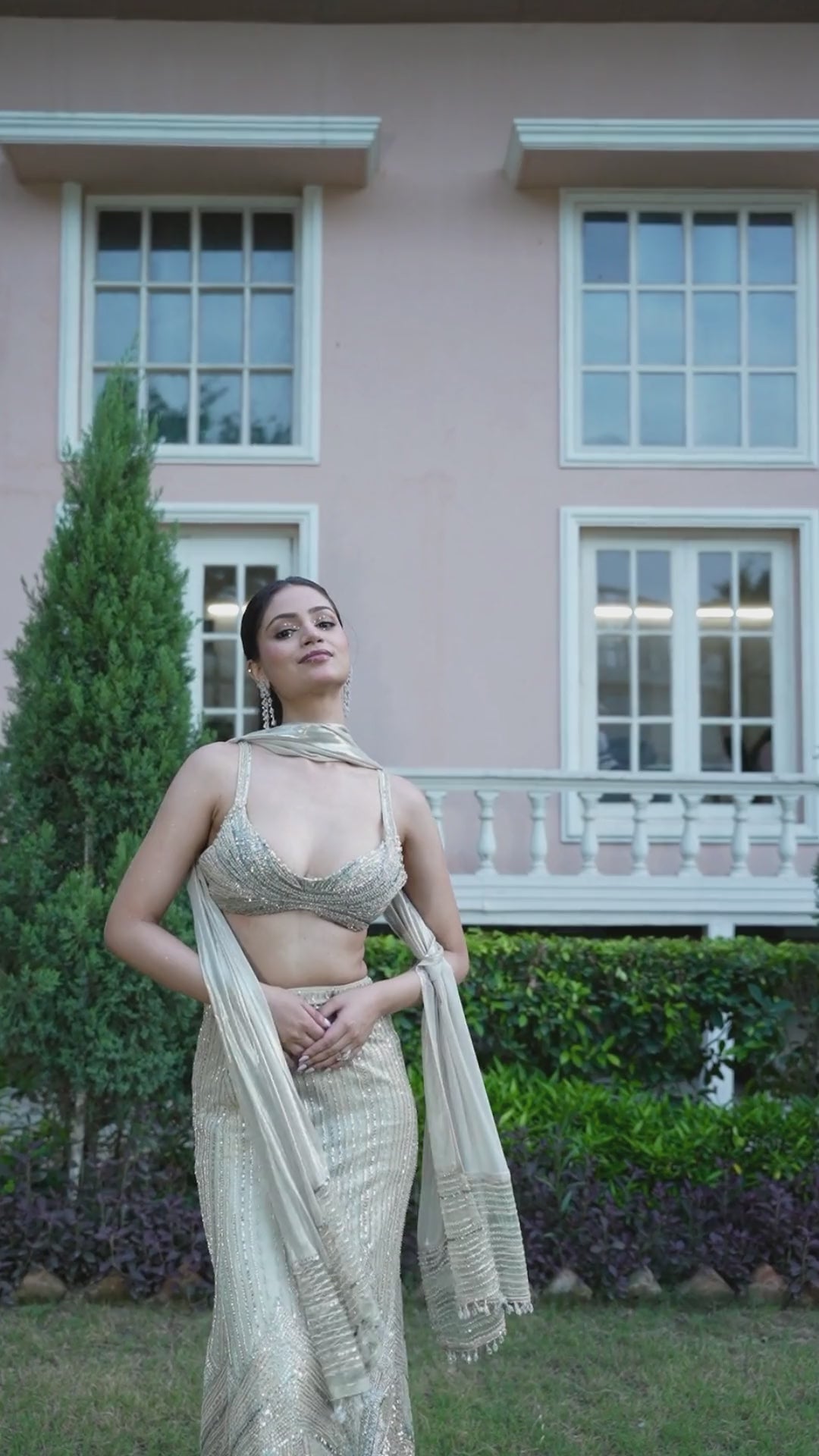 Mint Sage Hand-Embroidered Shimmer Halter Skirt Set with Metallic Foil Dupatta