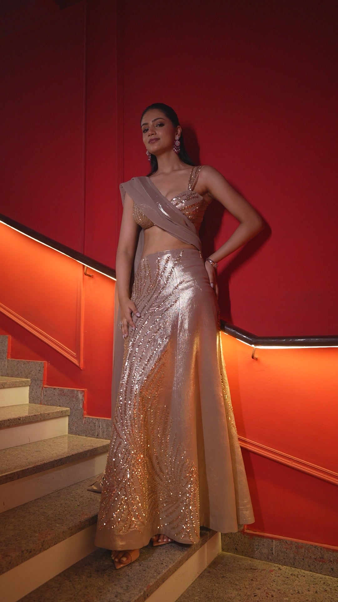 Champagne Gold Hand-Embroidered blouse and Pre-Draped  Saree Set with Soft Metallic flowing Drape Dupatta