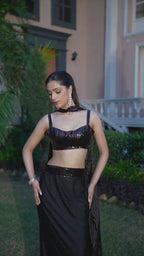 The Midnight Cocktail Crystal-embellished high-slit skirt paired with a fitted top and statement choker dupatta