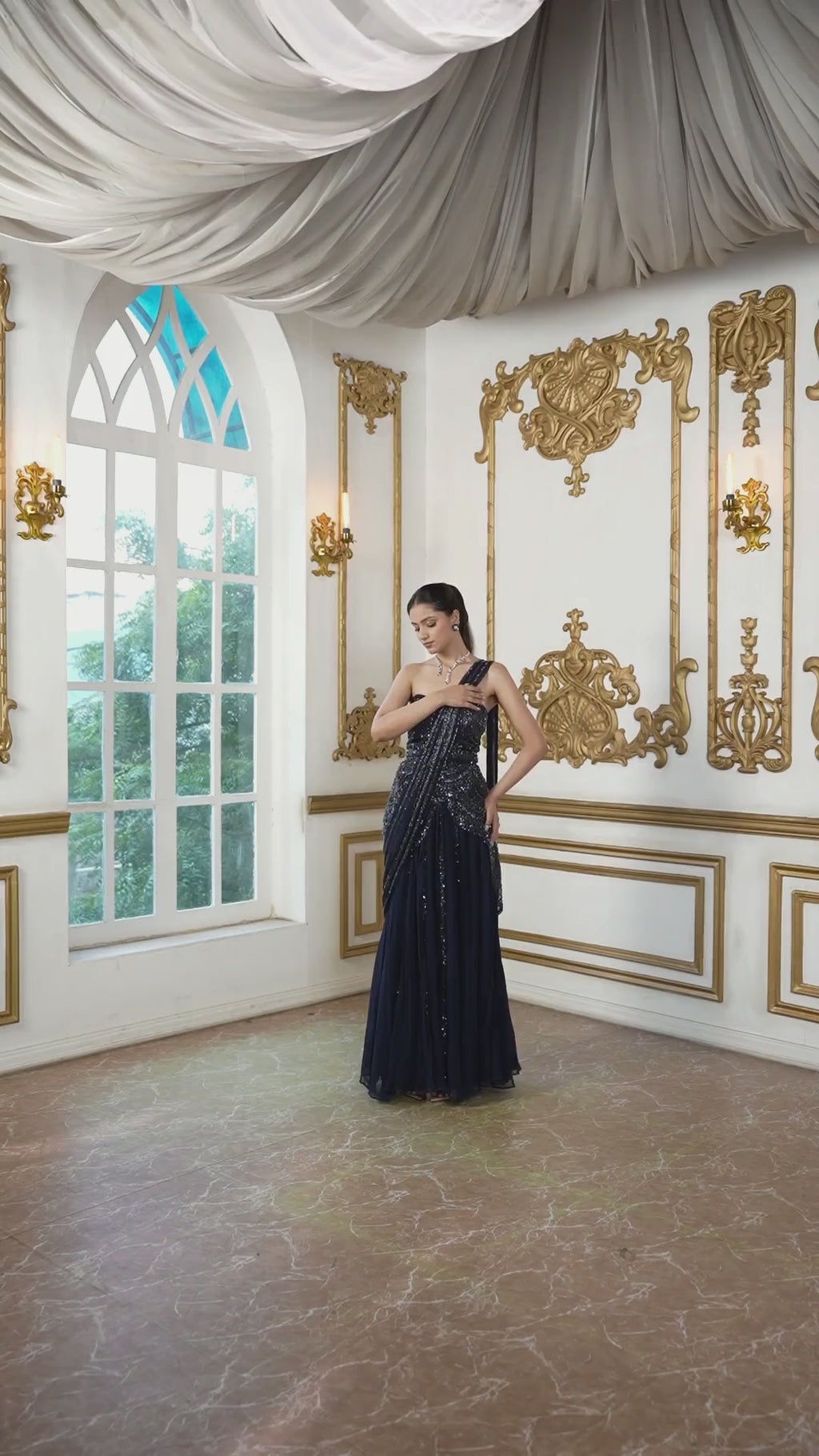 The Moonlit Starlight Pre-Draped Saree set with embellished corset