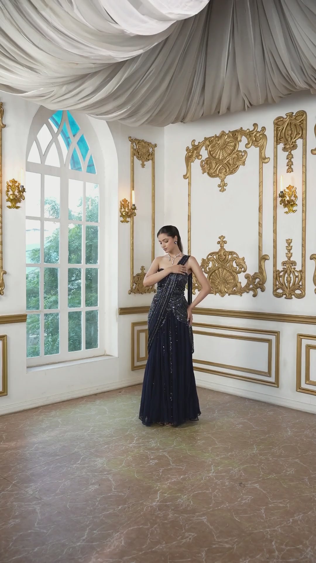 The Moonlit Starlight Pre-Draped Saree set with embellished corset